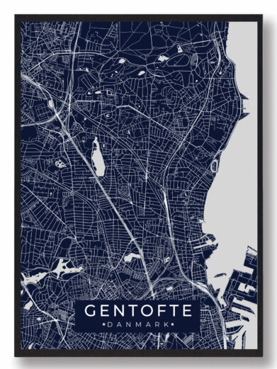 Gentofte byplakat i stilrent design. Denne Gentofte byplakat er med mørkeblå baggrund og viser Gentofte fra sin smukkeste side