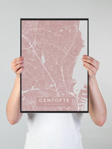 Gentofte byplakat i stilrent design. Denne Gentofte byplakat er med rosa baggrund og viser Gentofte fra sin smukkeste side