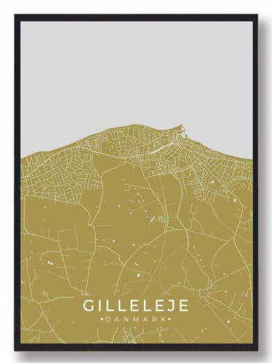 Gilleleje byplakat i stilrent design. Denne Gilleleje byplakat er med gul baggrund og viser Gilleleje fra sin smukkeste side