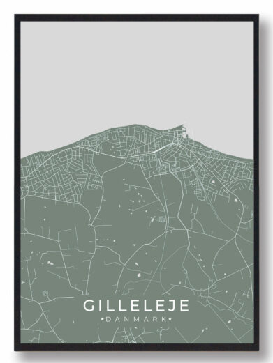 Gilleleje byplakat i stilrent design. Denne Gilleleje byplakat er med grøn baggrund og viser Gilleleje fra sin smukkeste side
