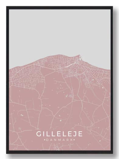 Gilleleje byplakat i stilrent design. Denne Gilleleje byplakat er med rosa baggrund og viser Gilleleje fra sin smukkeste side