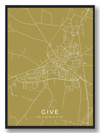 Give byplakat i stilrent design. Denne Give byplakat er med gul baggrund og viser Give fra sin smukkeste side