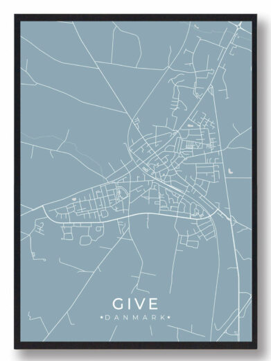 Give byplakat i stilrent design. Denne Give byplakat er med lyseblå baggrund og viser Give fra sin smukkeste side