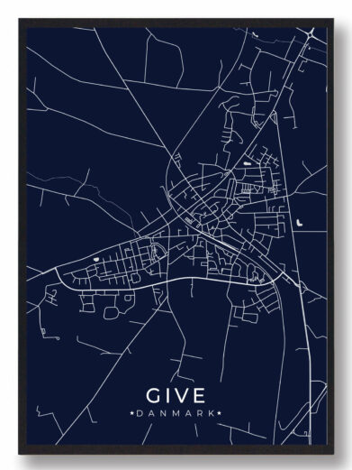 Give byplakat i stilrent design. Denne Give byplakat er med mørkeblå baggrund og viser Give fra sin smukkeste side