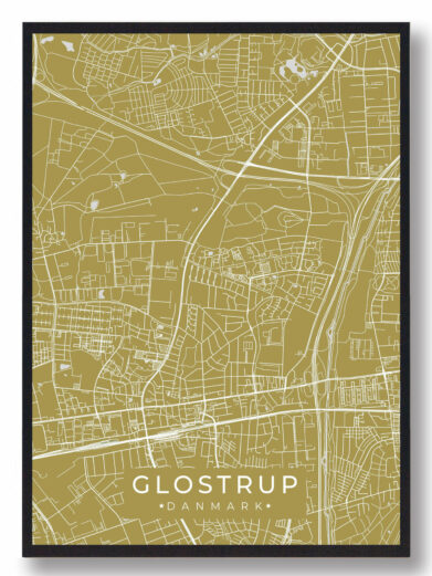 Glostrup byplakat i stilrent design. Denne Glostrup byplakat er med gul baggrund og viser Glostrup fra sin smukkeste side