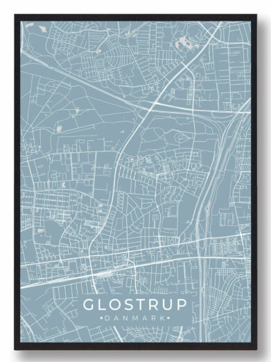 Glostrup byplakat i stilrent design. Denne Glostrup byplakat er med lyseblå baggrund og viser Glostrup fra sin smukkeste side