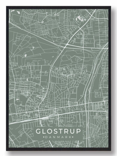 Glostrup byplakat i stilrent design. Denne Glostrup byplakat er med grøn baggrund og viser Glostrup fra sin smukkeste side