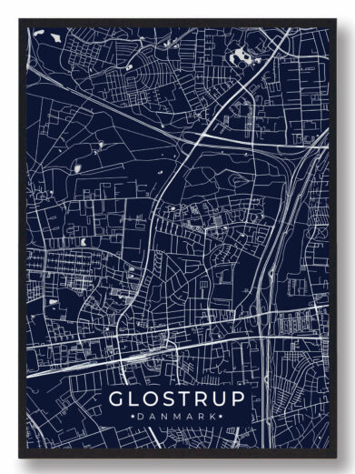 Glostrup byplakat i stilrent design. Denne Glostrup byplakat er med mørkeblå baggrund og viser Glostrup fra sin smukkeste side
