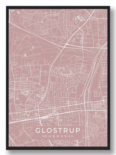Glostrup byplakat i stilrent design. Denne Glostrup byplakat er med rosa baggrund og viser Glostrup fra sin smukkeste side