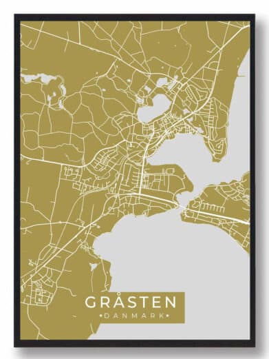 Gråsten byplakat i stilrent design. Denne Gråsten byplakat er med gul baggrund og viser Gråsten fra sin smukkeste side