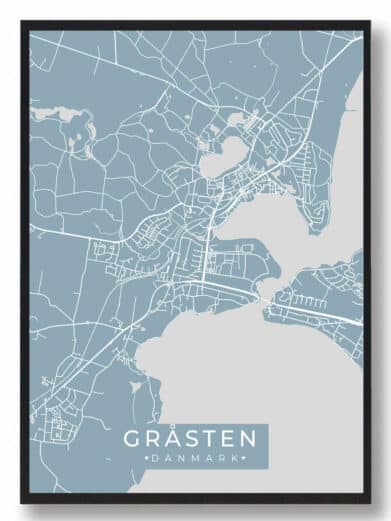 Gråsten byplakat i stilrent design. Denne Gråsten byplakat er med lyseblå baggrund og viser Gråsten fra sin smukkeste side