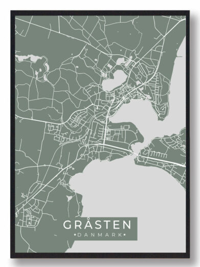 Gråsten byplakat i stilrent design. Denne Gråsten byplakat er med grøn baggrund og viser Gråsten fra sin smukkeste side