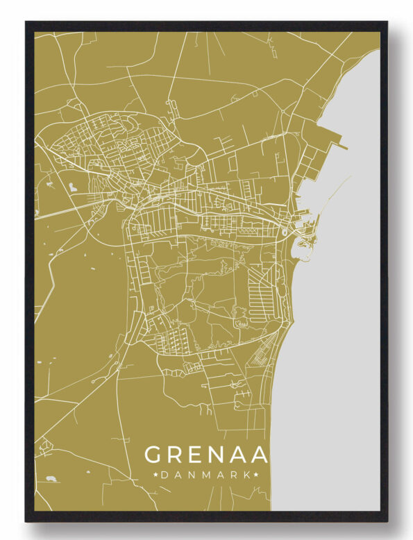 Grenaa byplakat i stilrent design. Denne Grenaa byplakat er med gul baggrund og viser Grenaa fra sin smukkeste side