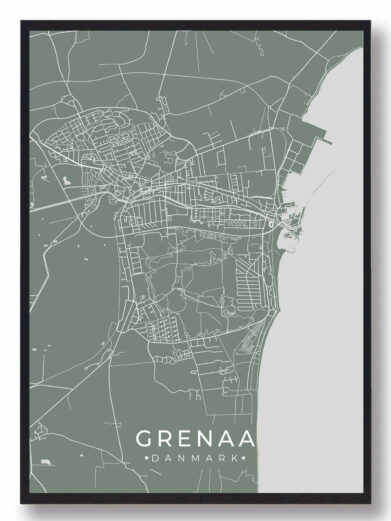 Grenaa byplakat i stilrent design. Denne Grenaa byplakat er med grøn baggrund og viser Grenaa fra sin smukkeste side