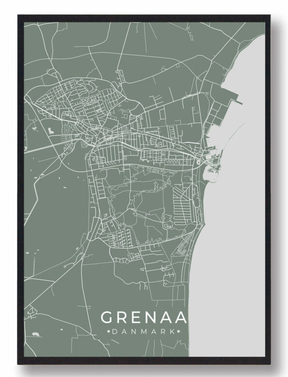 Grenaa byplakat i stilrent design. Denne Grenaa byplakat er med grøn baggrund og viser Grenaa fra sin smukkeste side