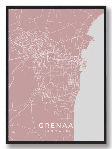 Grenaa byplakat i stilrent design. Denne Grenaa byplakat er med rosa baggrund og viser Grenaa fra sin smukkeste side