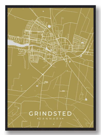 Grindsted byplakat i stilrent design. Denne Grindsted byplakat er med gul baggrund og viser Grindsted fra sin smukkeste side