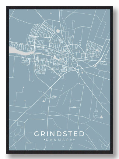 Grindsted byplakat i stilrent design. Denne Grindsted byplakat er med lyseblå baggrund og viser Grindsted fra sin smukkeste side