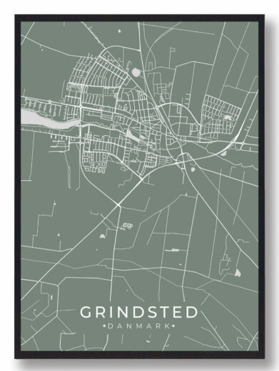 Grindsted byplakat i stilrent design. Denne Grindsted byplakat er med grøn baggrund og viser Grindsted fra sin smukkeste side