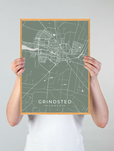 Grindsted by plakat med grøn baggrund. Denne Grindsted plakat med området som motiv viser Grindsted fra sin smukkeste side