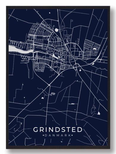 Grindsted byplakat i stilrent design. Denne Grindsted byplakat er med mørkeblå baggrund og viser Grindsted fra sin smukkeste side
