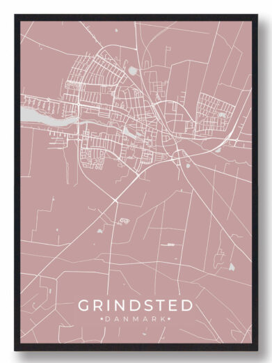 Grindsted byplakat i stilrent design. Denne Grindsted byplakat er med rosa baggrund og viser Grindsted fra sin smukkeste side
