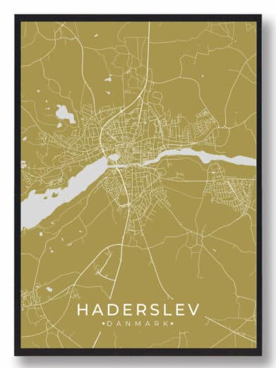 Haderslev byplakat i stilrent design. Denne Haderslev byplakat er med gul baggrund og viser Haderslev fra sin smukkeste side