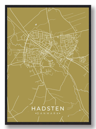 Hadsten byplakat i stilrent design. Denne Hadsten byplakat er med gul baggrund og viser Hadsten fra sin smukkeste side