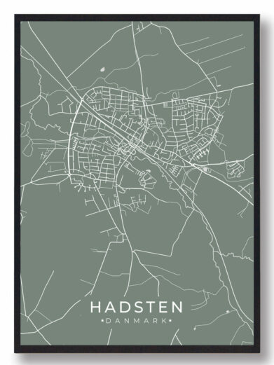 Hadsten byplakat i stilrent design. Denne Hadsten byplakat er med grøn baggrund og viser Hadsten fra sin smukkeste side