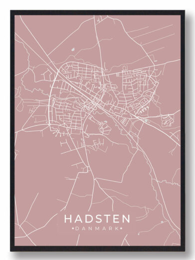 Hadsten byplakat i stilrent design. Denne Hadsten byplakat er med rosa baggrund og viser Hadsten fra sin smukkeste side