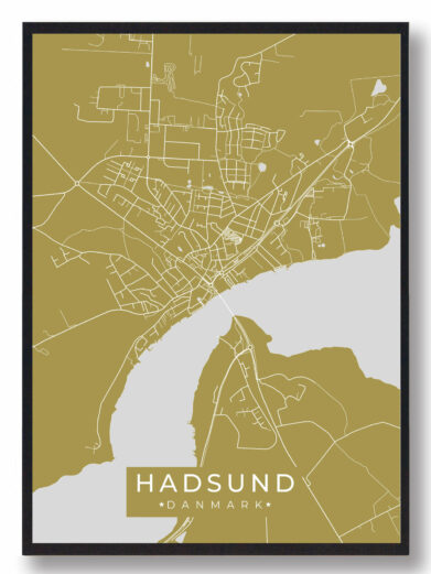 Hadsund byplakat i stilrent design. Denne Hadsund byplakat er med gul baggrund og viser Hadsund fra sin smukkeste side