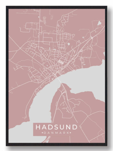 Hadsund byplakat i stilrent design. Denne Hadsund byplakat er med rosa baggrund og viser Hadsund fra sin smukkeste side