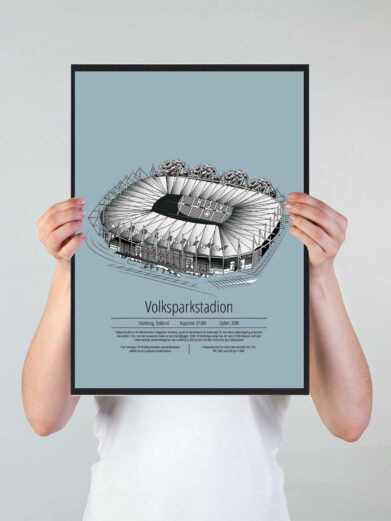 Fodbold plakat med Hamburger stadion. Denne fodbold plakat med Hamburger er i flot stilren lyseblå baggrund