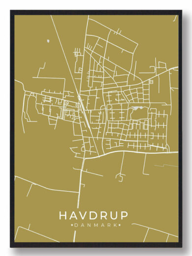Havdrup byplakat i stilrent design. Denne Havdrup byplakat er med gul baggrund og viser Havdrup fra sin smukkeste side