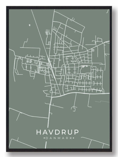 Havdrup byplakat i stilrent design. Denne Havdrup byplakat er med grøn baggrund og viser Havdrup fra sin smukkeste side
