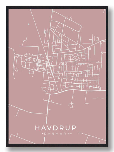 Havdrup byplakat i stilrent design. Denne Havdrup byplakat er med rosa baggrund og viser Havdrup fra sin smukkeste side