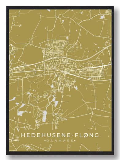 Hedehusene Fløng byplakat i stilrent design. Denne Hedehusene Fløng byplakat er med gul baggrund og viser Hedehusene Fløng fra sin smukkeste side