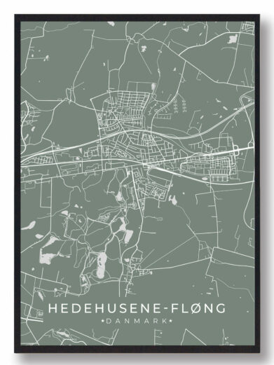 Hedehusene Fløng byplakat i stilrent design. Denne Hedehusene Fløng byplakat er med grøn baggrund og viser Hedehusene Fløng fra sin smukkeste side