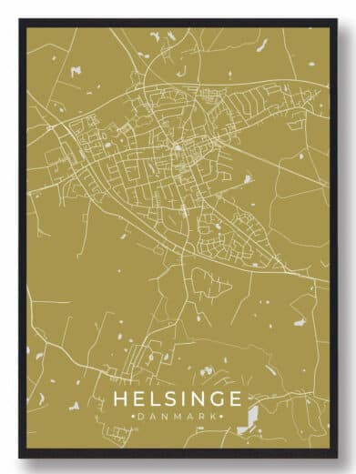 Helsinge plakat i karrygul. Detaljeret bykort med gader og vandløb. Moderne design til stuen. Se Helsinge fra en ny vinkel!