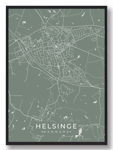 Mintgrøn Helsinge plakat. Bykort over Sjælland, Danmark. Detaljeret kort med hvide linjer på grøn baggrund. Stilfuld vægdekoration.