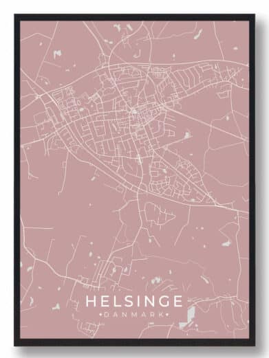 Helsinge plakat i rosa. Detaljeret bykort med hvide linjer på rosa baggrund. Perfekt til stuen. Køb Helsinge byplakat online!