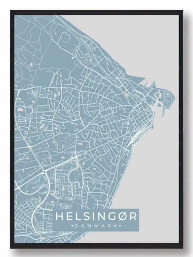 Helsingør byplakat i stilrent design. Denne Hadsten byplakat er med lyseblå baggrund og viser Hadsten fra sin smukkeste side