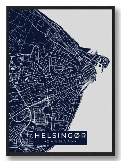 Helsingør byplakat i stilrent design. Denne Hadsten byplakat er med mørkeblå baggrund og viser Hadsten fra sin smukkeste side