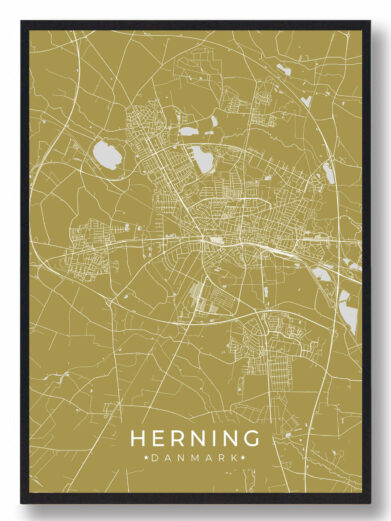 Herning byplakat i stilrent design. Denne Herning byplakat er med gul baggrund og viser Herning fra sin smukkeste side