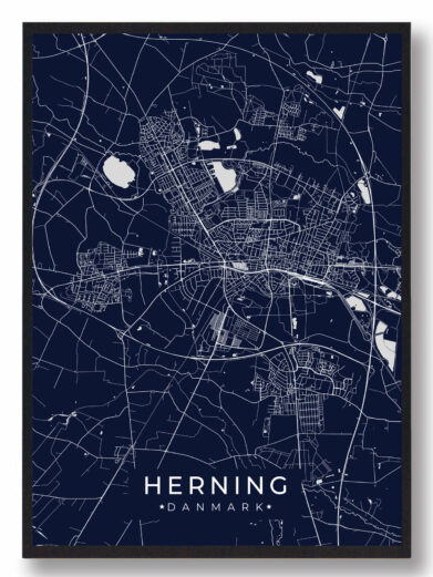 Herning byplakat i stilrent design. Denne Herning byplakat er med mørkeblå baggrund og viser Herning fra sin smukkeste side