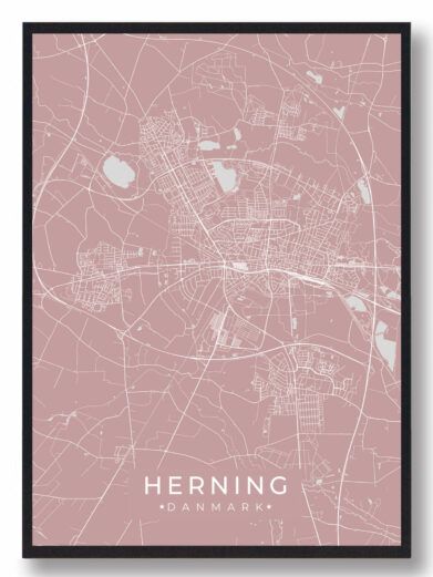Herning byplakat i stilrent design. Denne Herning byplakat er med rosa baggrund og viser Herning fra sin smukkeste side