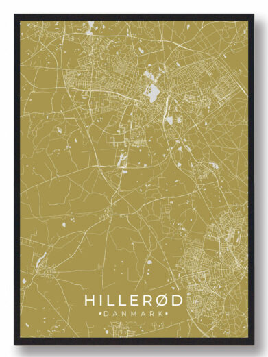 Hillerød byplakat i stilrent design. Denne Hillerød byplakat er med gul baggrund og viser Hillerød fra sin smukkeste side