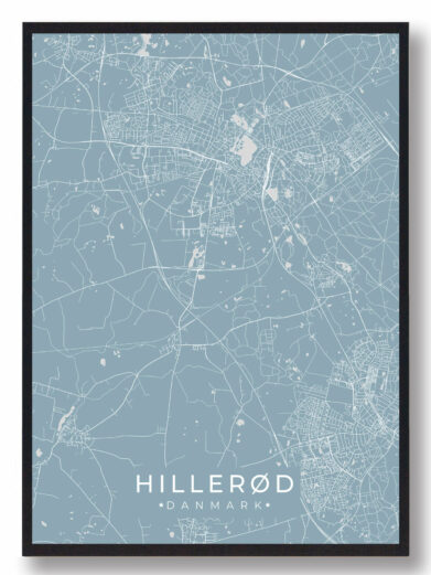 Hillerød byplakat i stilrent design. Denne Hillerød byplakat er med lyseblå baggrund og viser Hillerød fra sin smukkeste side