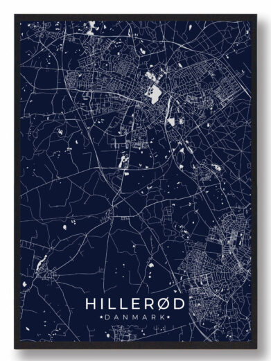 Hillerød byplakat i stilrent design. Denne Hillerød byplakat er med mørkeblå baggrund og viser Hillerød fra sin smukkeste side