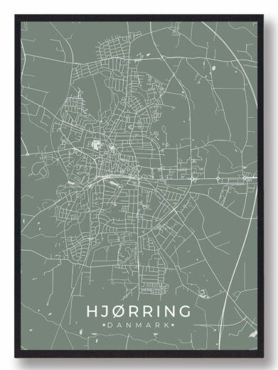 Hjørring byplakat i stilrent design. Denne Hjørring byplakat er med grøn baggrund og viser Hjørring fra sin smukkeste side